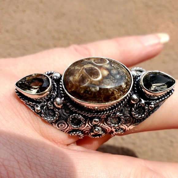 New Turtella Agate Fossil and Smoky Quartz 925 Silver Statement Ring. - Picture 8 of 16